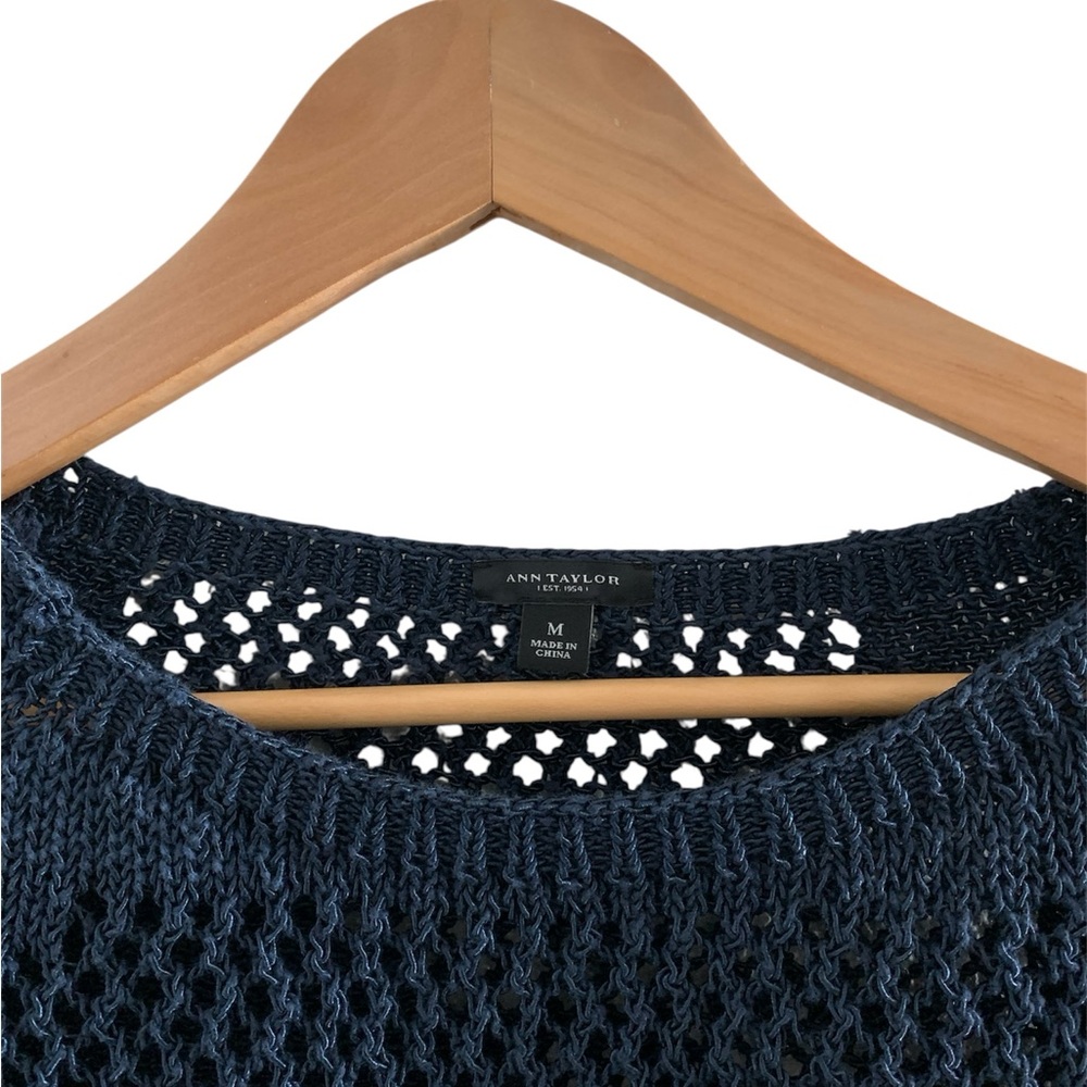 Ann Taylor Navy Blue Crew Neck Sweater with Short Sleeves and Open Weave - Picture 2 of 5